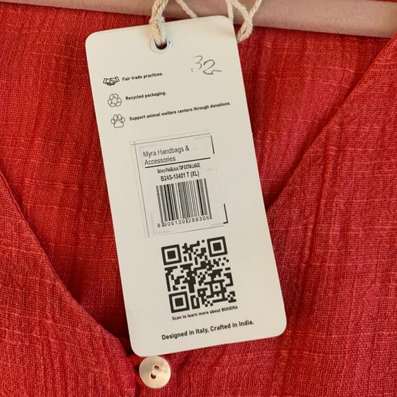 BOHERA Blouse XL Boho Shirred Ruffle Tiered Pinkilicious V-Neck Lace & Beads NWT - Picture 13 of 15